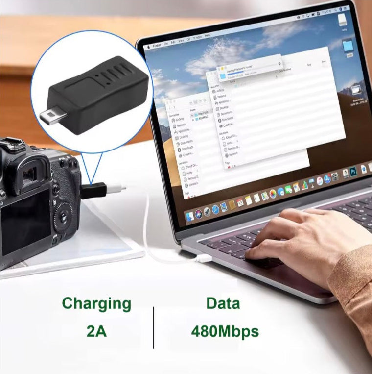 USB-C female to 8-pin Mini-B male adapter for camera data sync and power converter