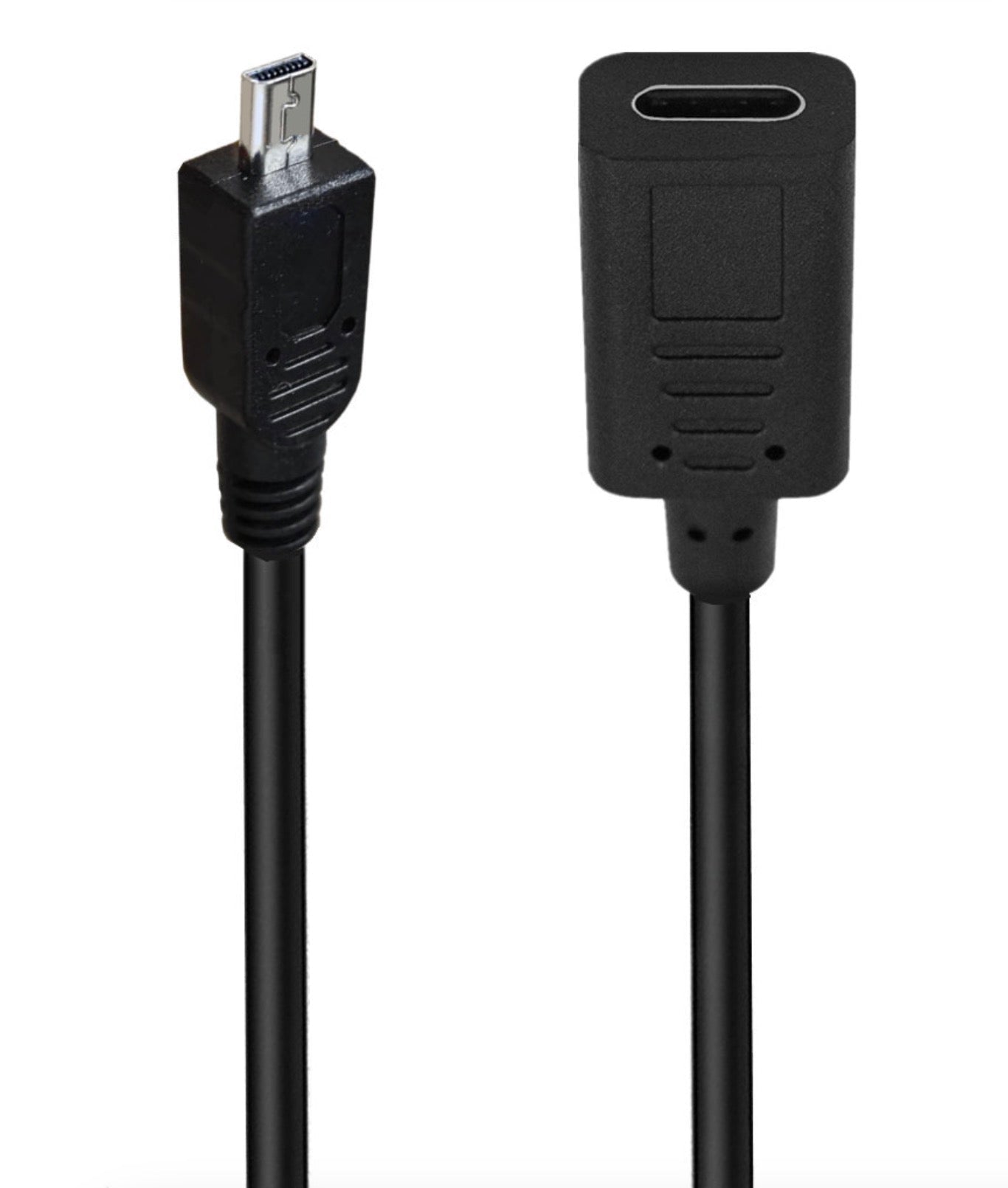 A black USB C female to 8 Pin Mini B male data sync power supply cable for cameras and other digital devices.