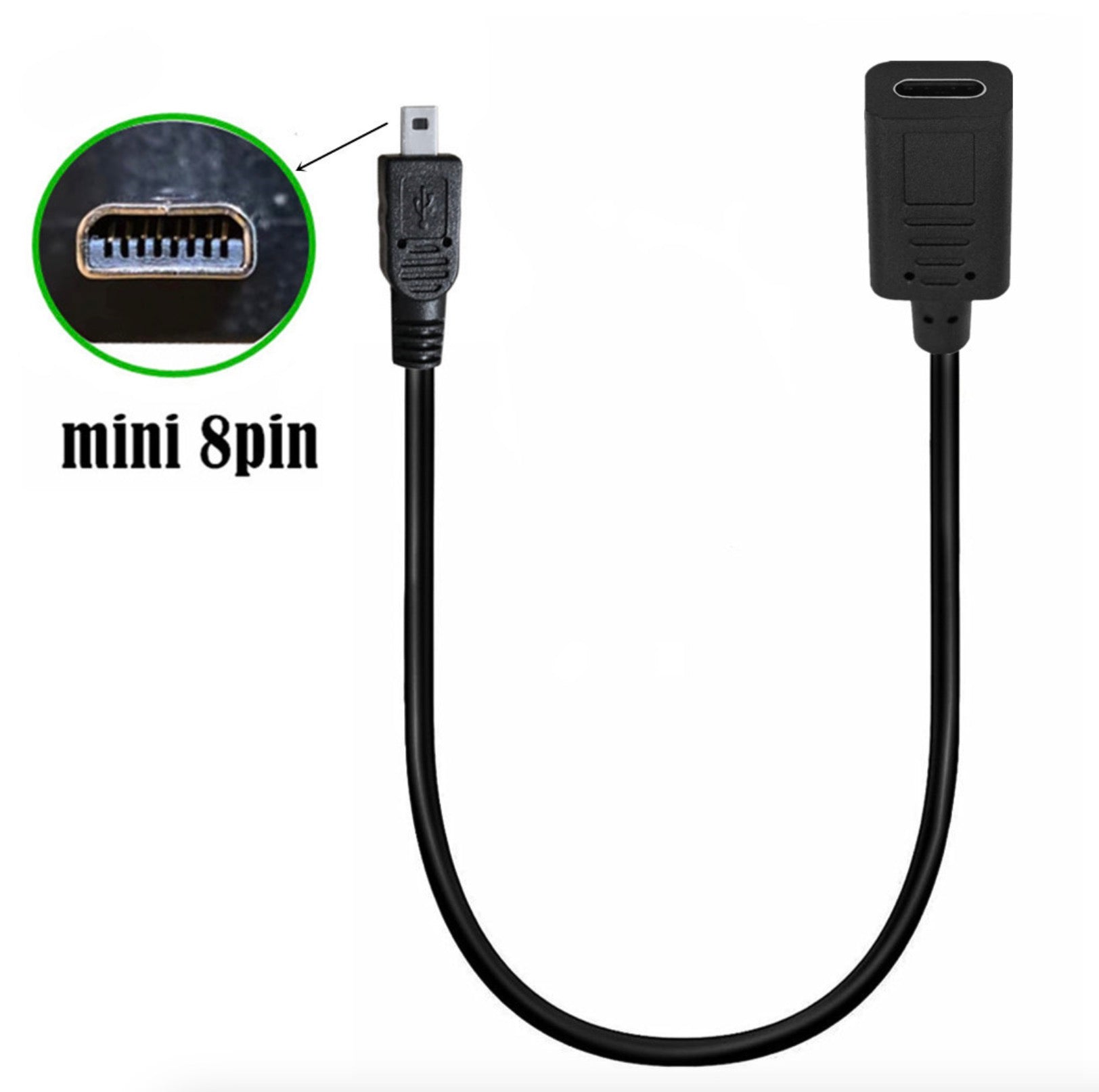 USB-C female to 8 pin Mini-B male data sync and power supply camera cable
