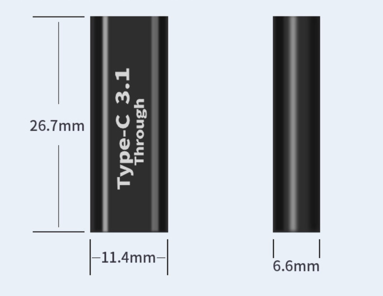 Black cylindrical object with dimensions labeled on a light blue background