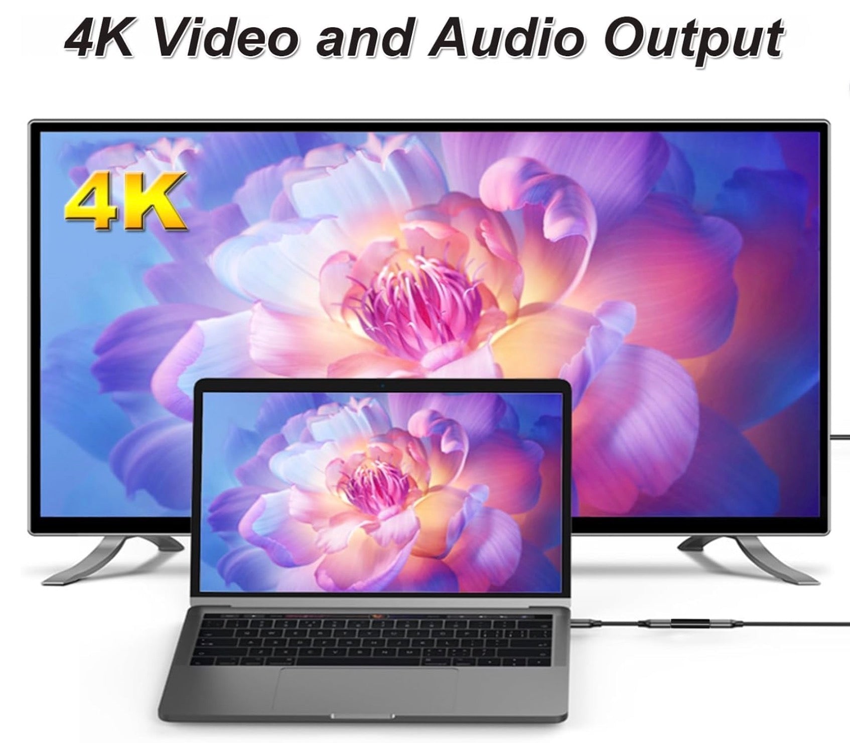 Two monitors displaying a 4K flower image with a laptop in front, emphasizing 4K video and audio output.