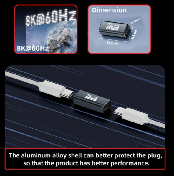 USB-C female to female USB4 extension adapter coupler supporting 80Gbps data and PD 240W charging (8K)