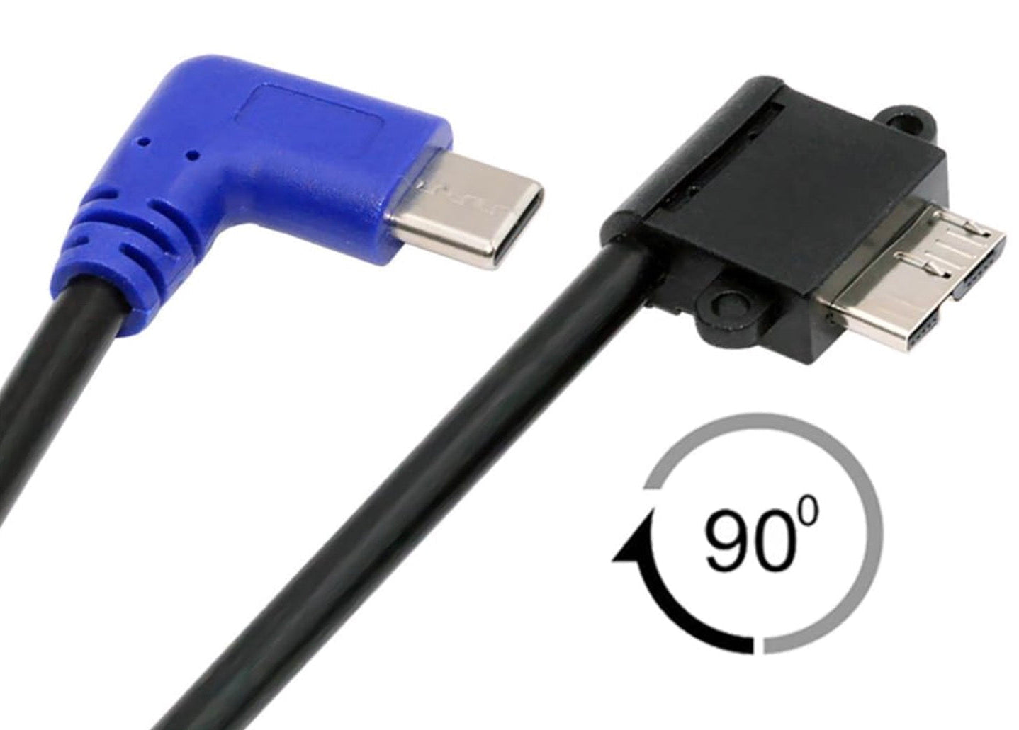 90-degree angled USB cable with blue connector on a white background