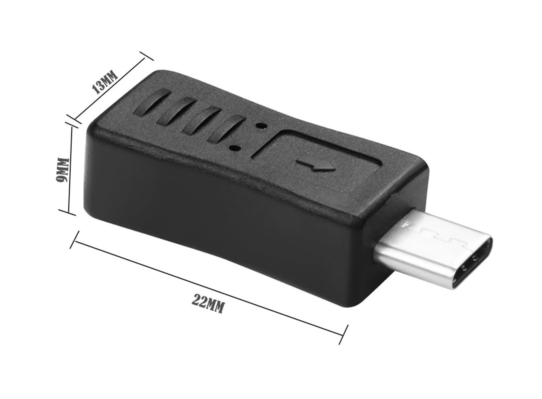 A black USB Type C male to Micro B female adapter with dimensions labeled on the image.
