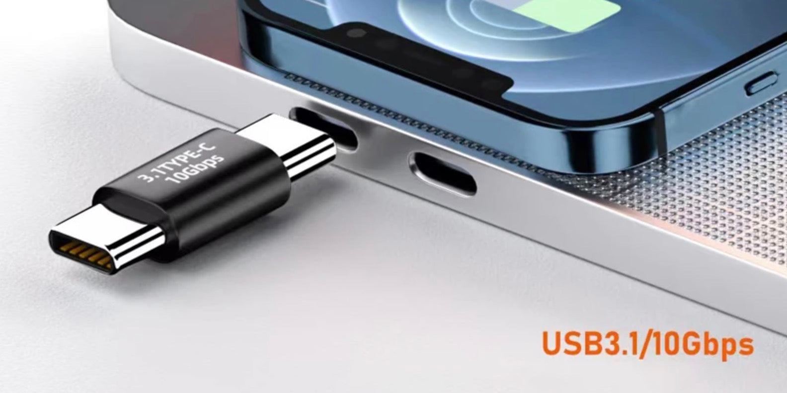 USB Type-C adapter being plugged into a smartphone with 'USB3.1/10Gbps' text.