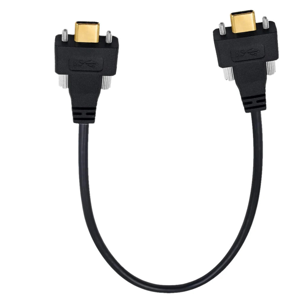 A black USB C male to male cable with dual screw locking panel mount connectors.