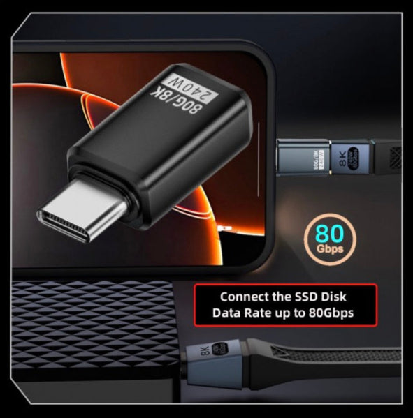 USB-C PD adapter USB4.0 male to female extension connector supporting 240W power delivery and 80Gbps data transfer
