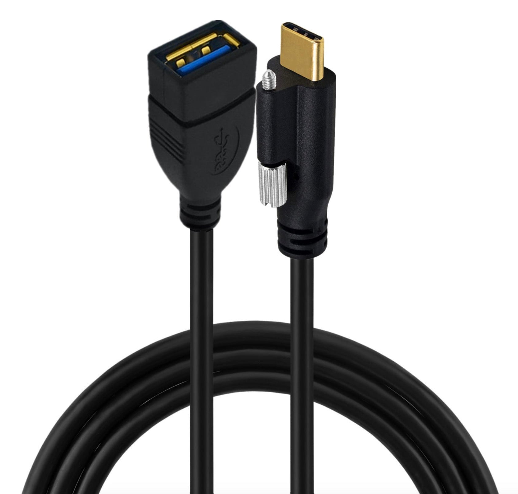 A black USB C male to USB 3.0 A female extension cable with a single screw lock mechanism.