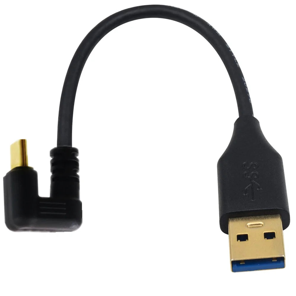 A black USB 3.0 A to USB C U-shaped sync data charging cable with gold plated connectors.