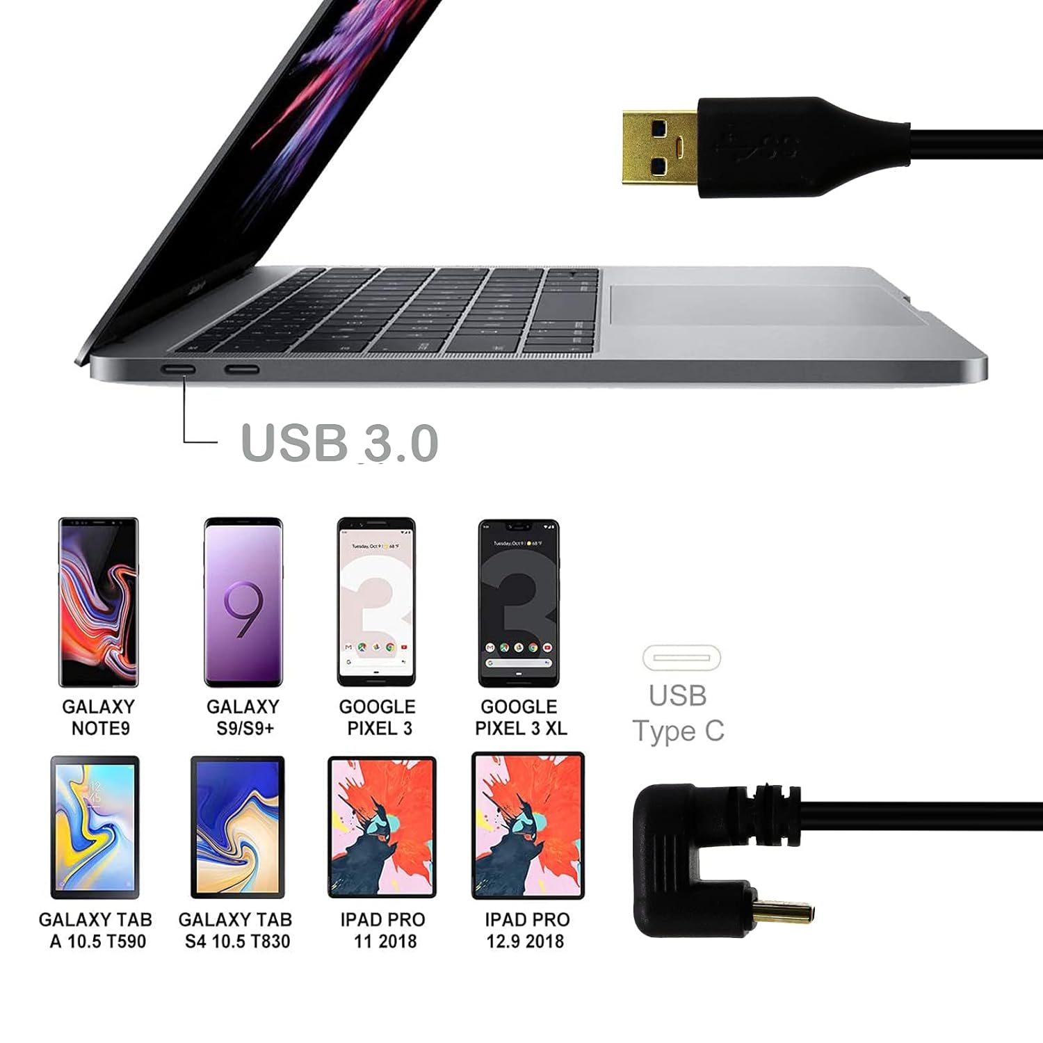 USB-A to USB-C U-shaped right-angle cable for fast data transfer and charging