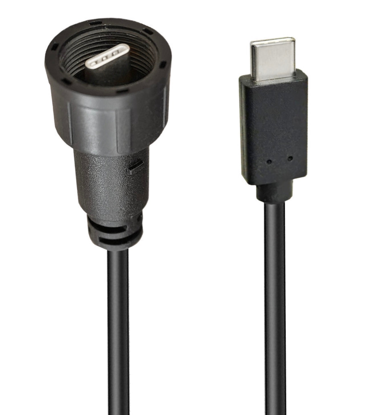 A black USB C male to USB C male waterproof cable with a Panel Mount Waterproof Extension cord.