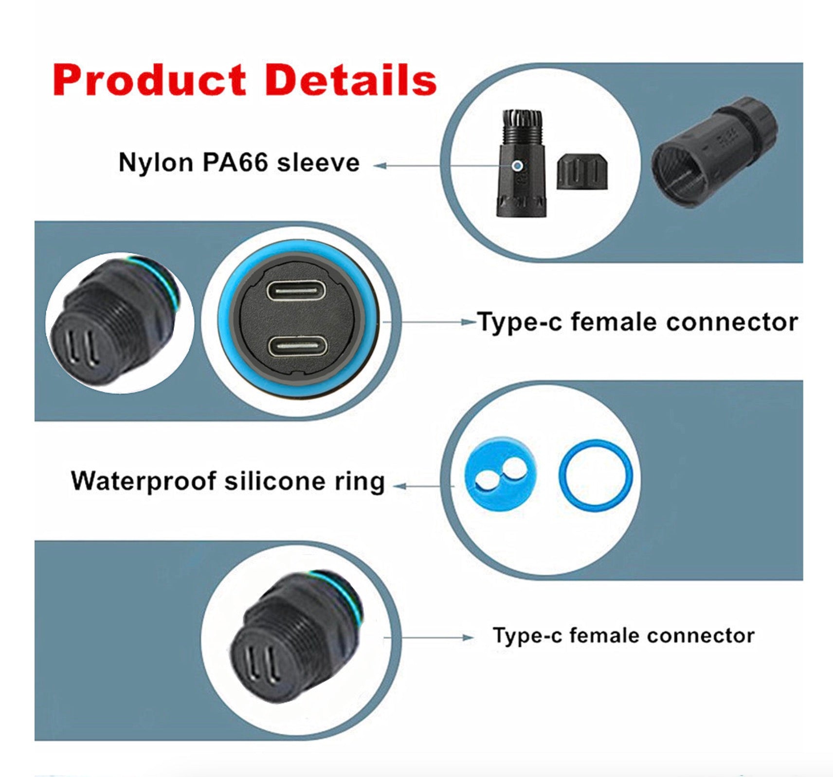 Product details of Type-c female connector with Nylon PA66 sleeve and waterproof silicone ring on a blue background.