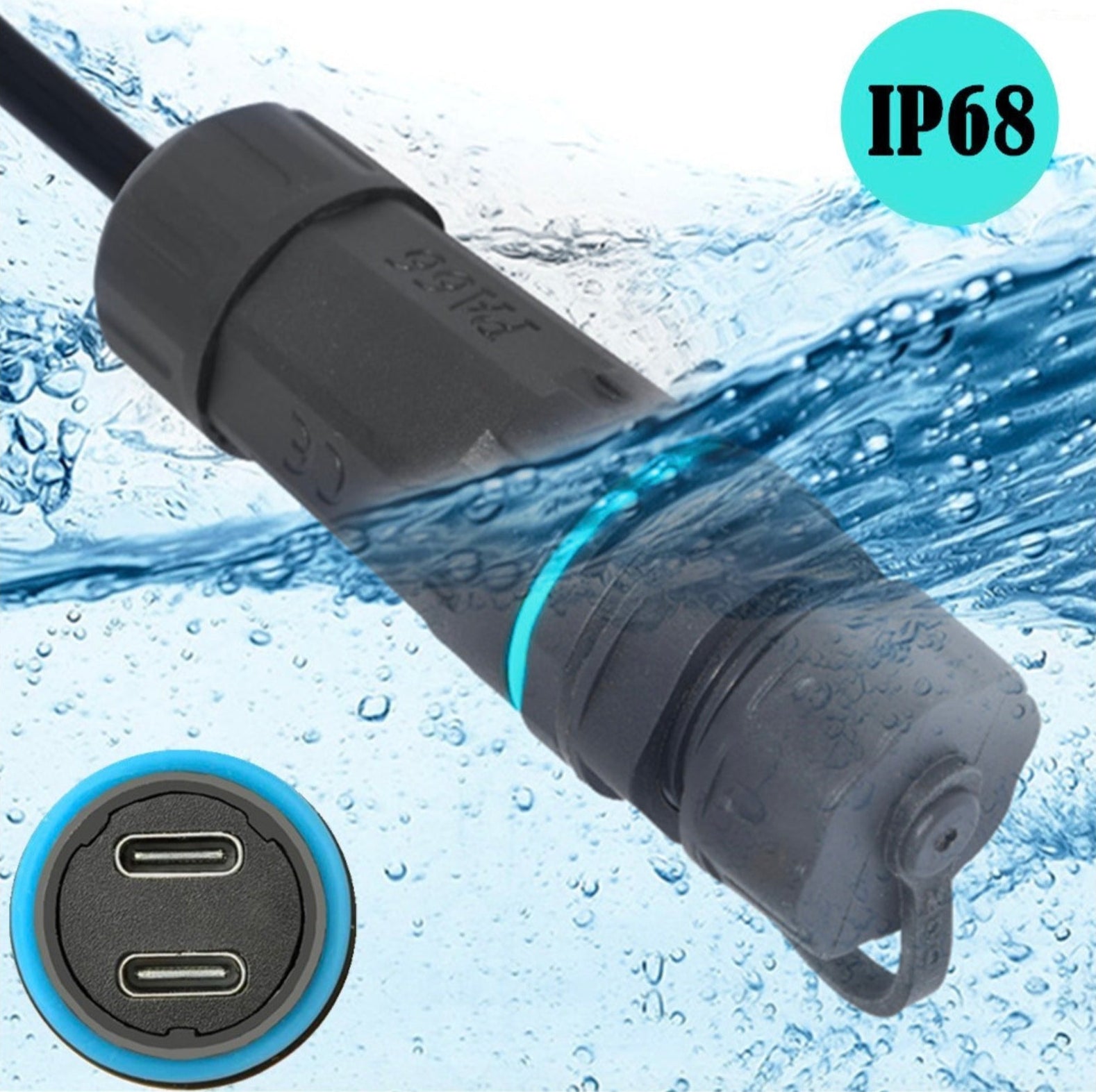 Waterproof connector with water droplets and IP68 rating.