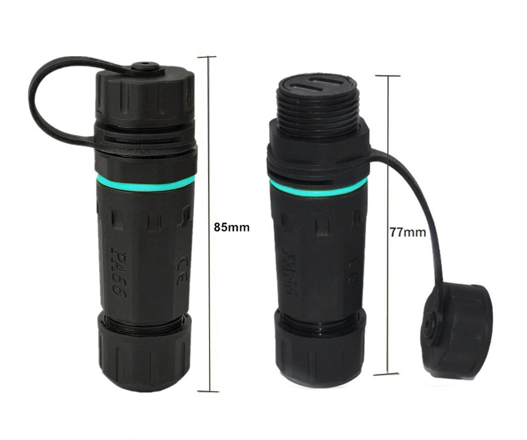 Two black cylindrical connectors with measurements on a white background