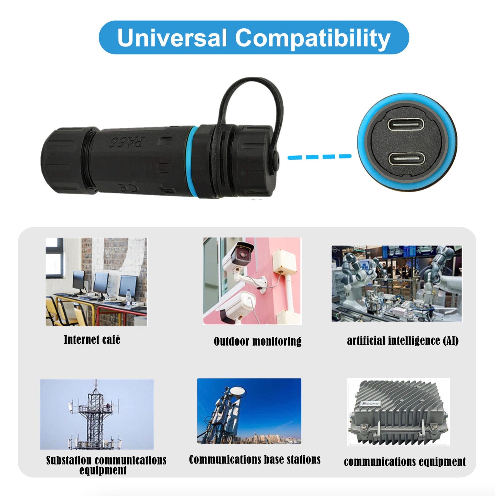 Black cylindrical device with a USB port and its compatibility in various settings.