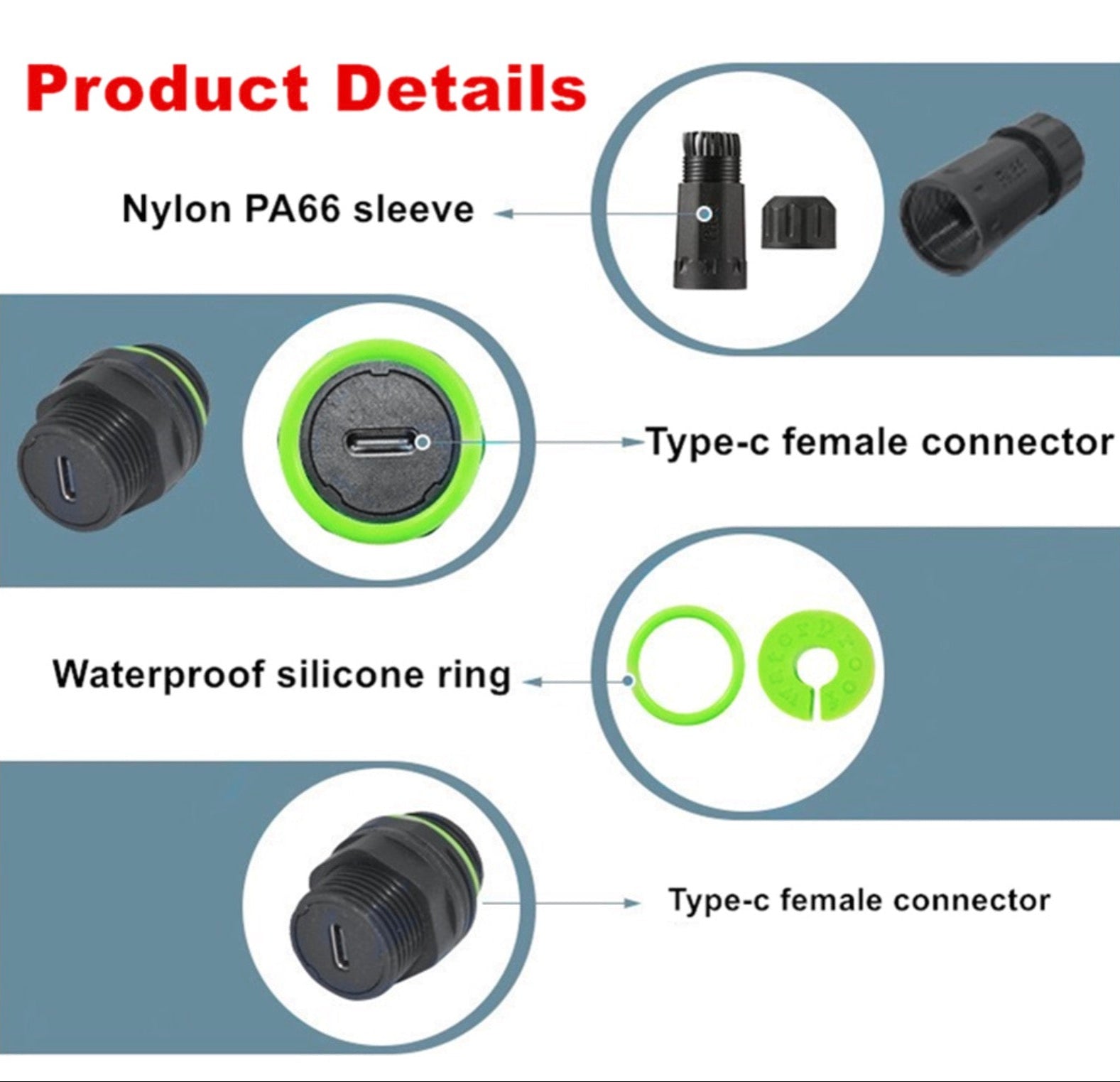 Product details of Type-c female connector with Nylon PA66 sleeve and waterproof silicone ring on a white background.
