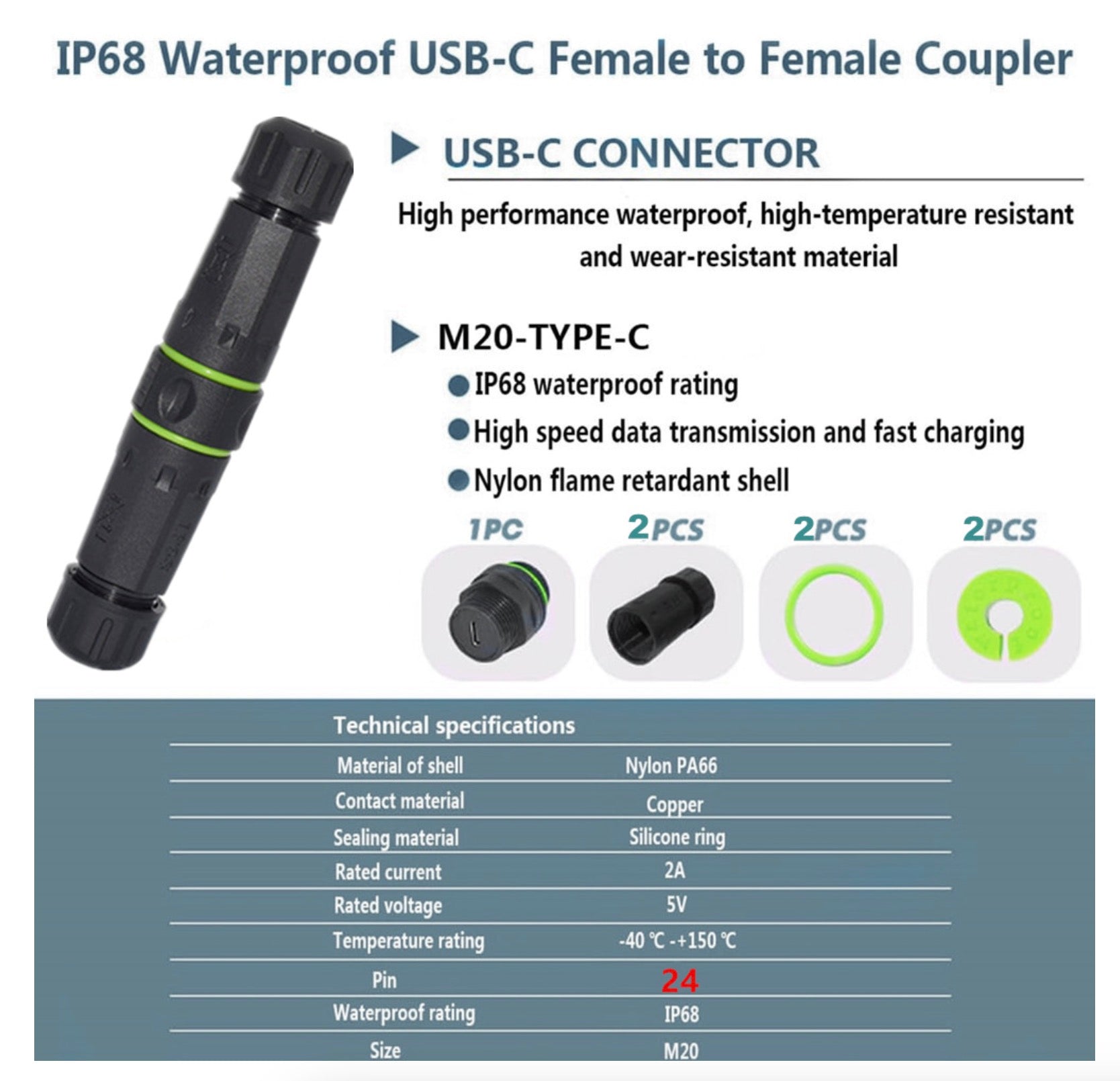 IP68 waterproof USB-C female to female coupler with specifications.