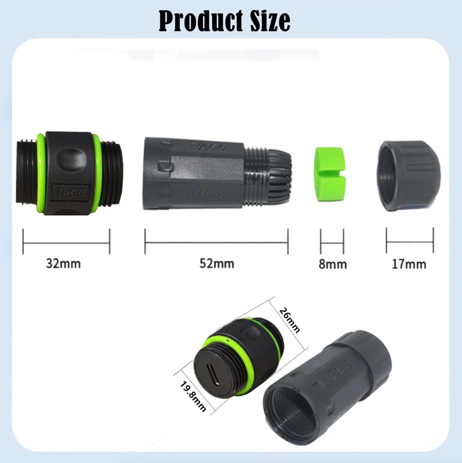 Detailed measurement chart of garden hose connectors with dimensions labeled.