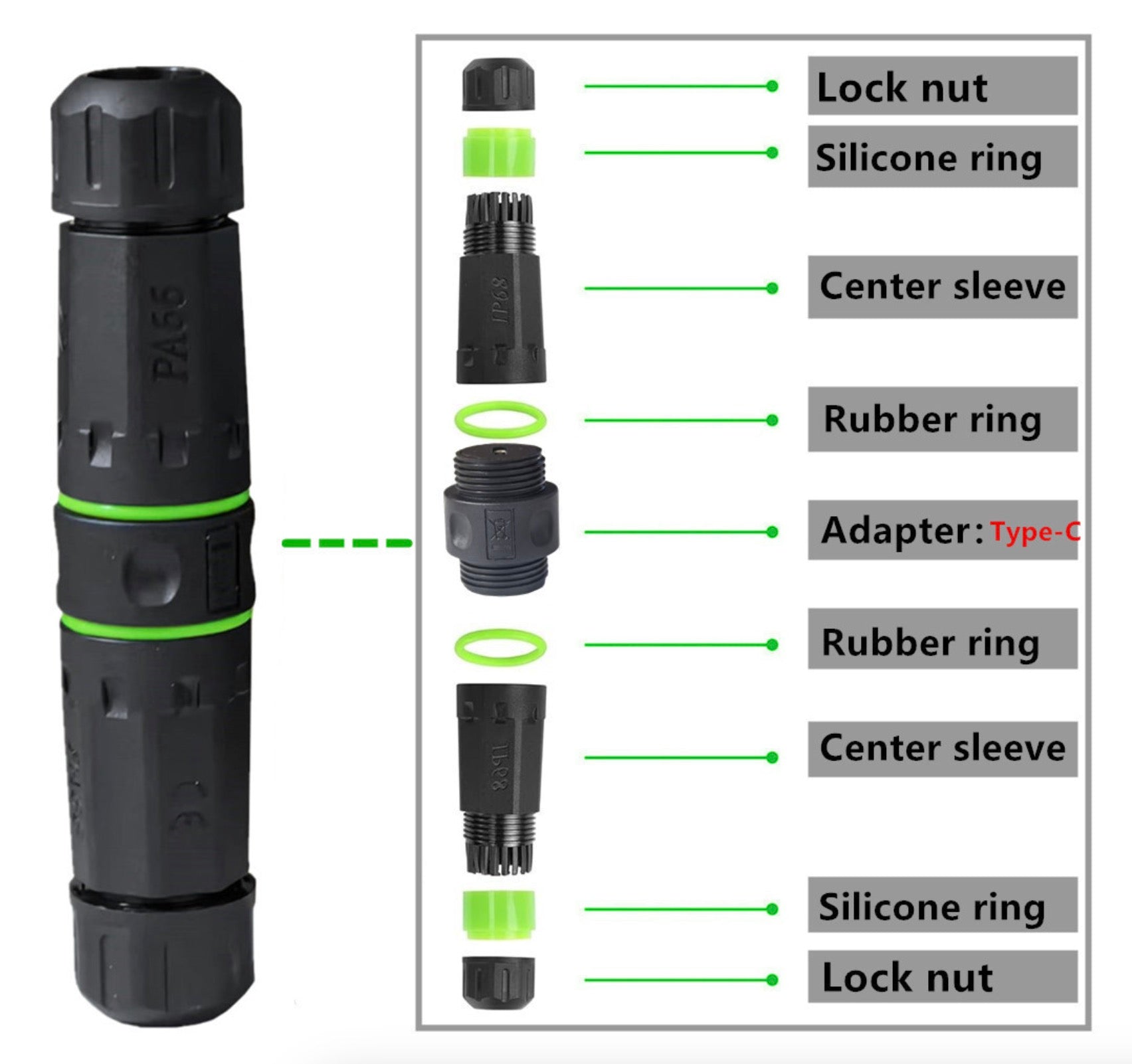 Black connector with labeled parts on a white background