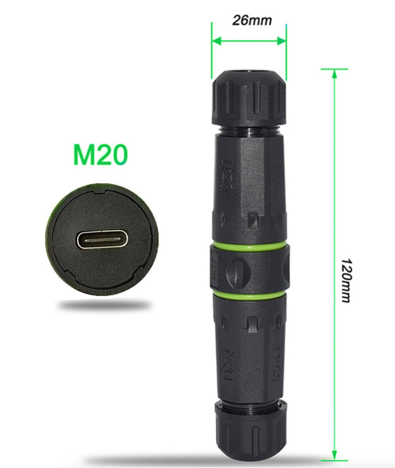 Black cylindrical component with measurements and M20 label on a white background.