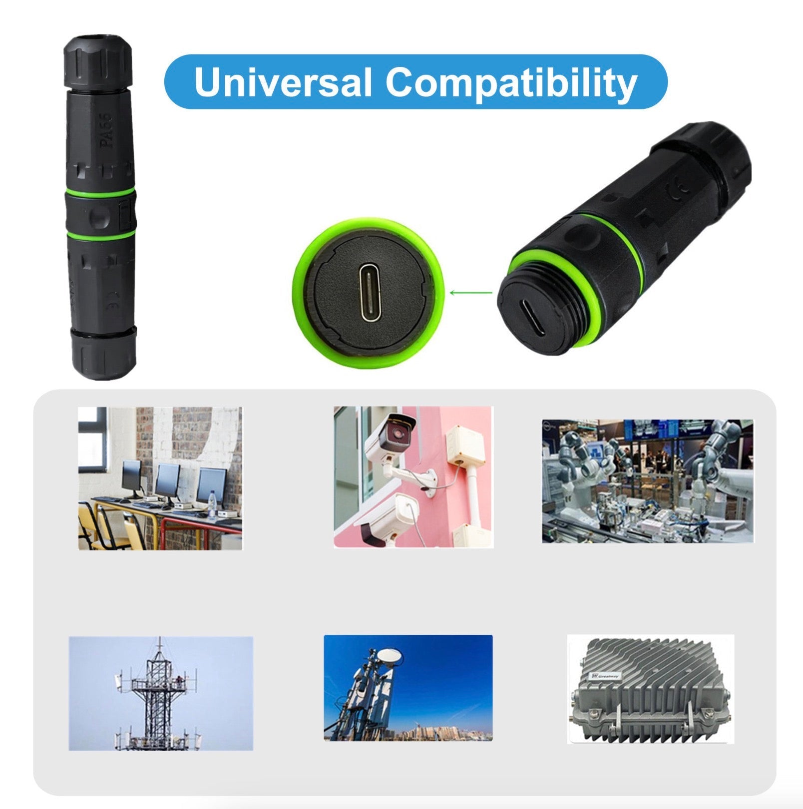 Black and green cylindrical product with universal compatibility text and images of its use.