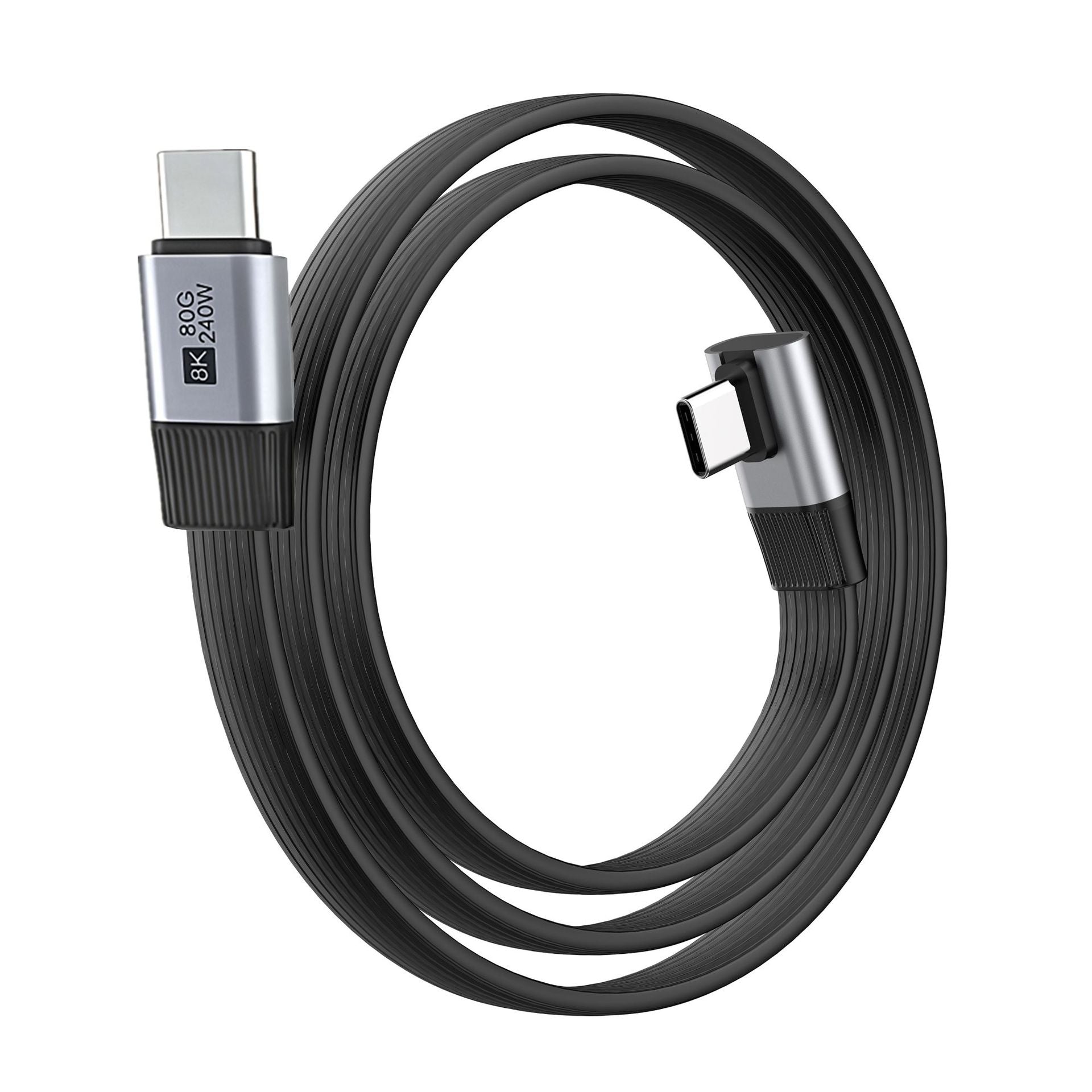 Coiled USB-C cable with metal connectors on a white background