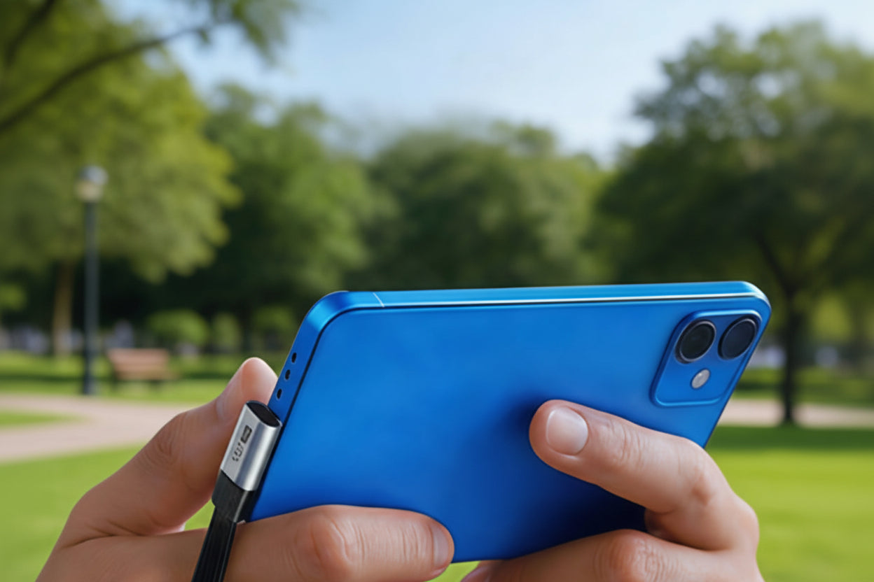 Person holding a blue phone with a green outdoor background