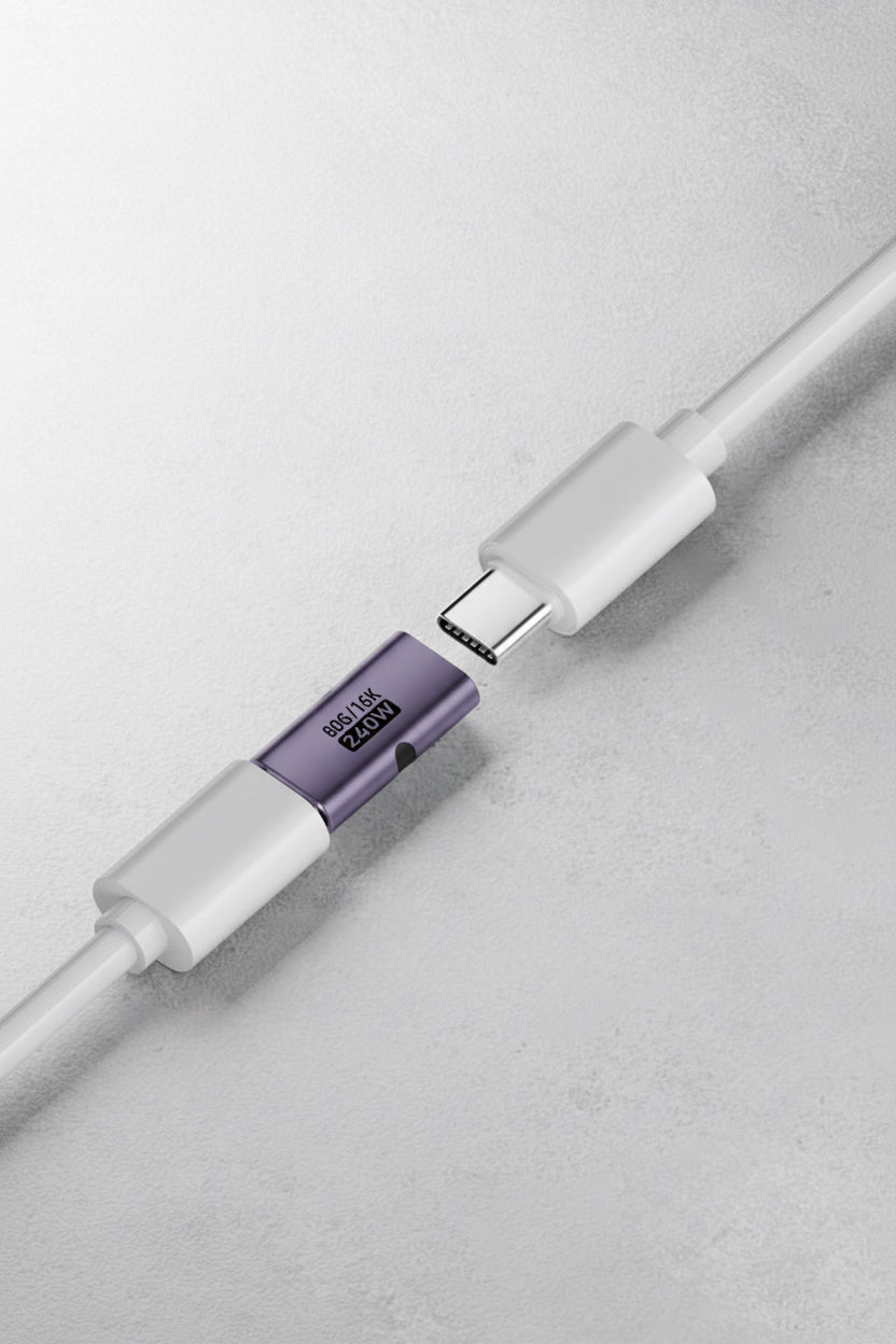 White USB cable with a purple connector on a light gray background