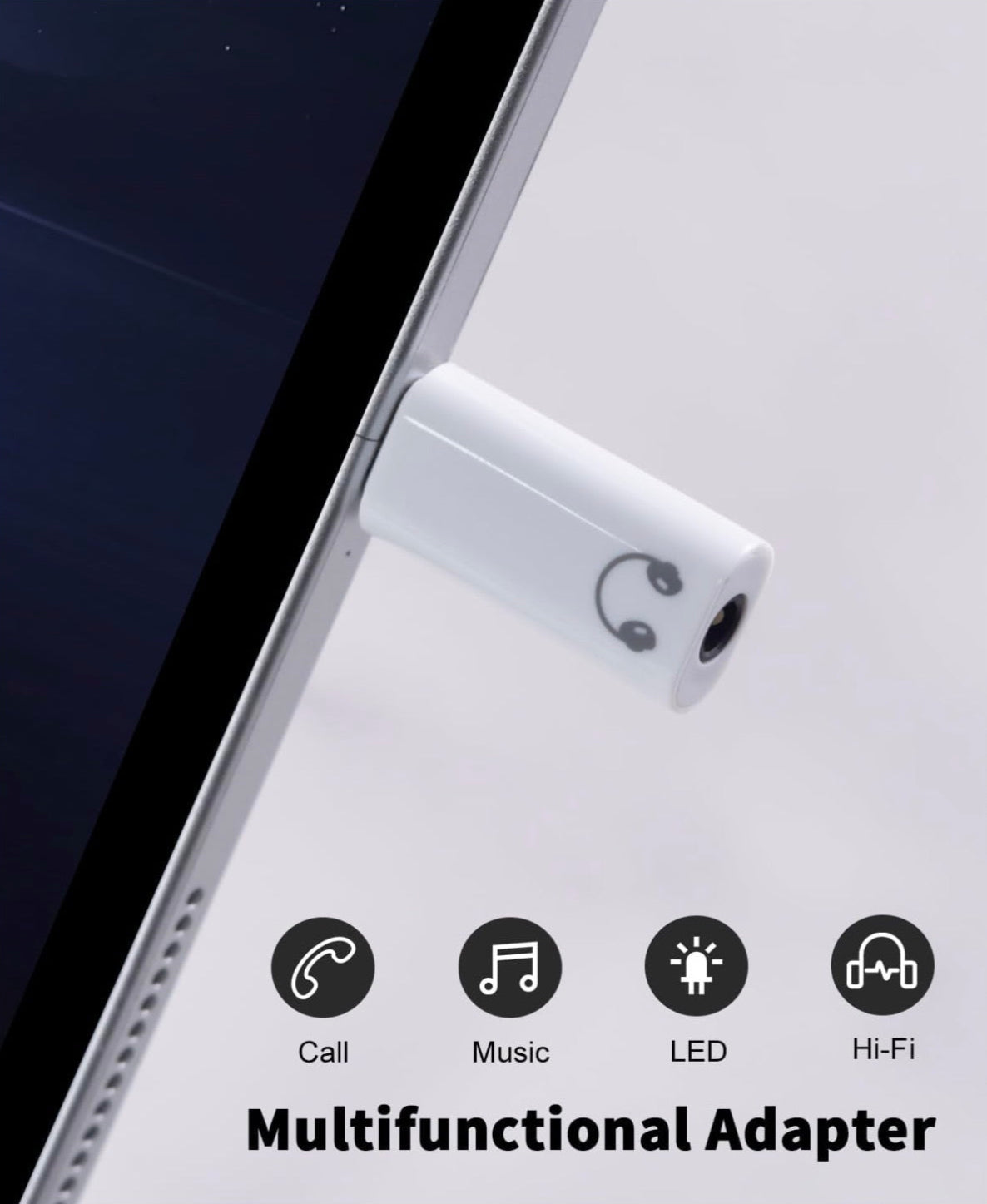 Multifunctional adapter being inserted into a smartphone with icons and text indicating its features.
