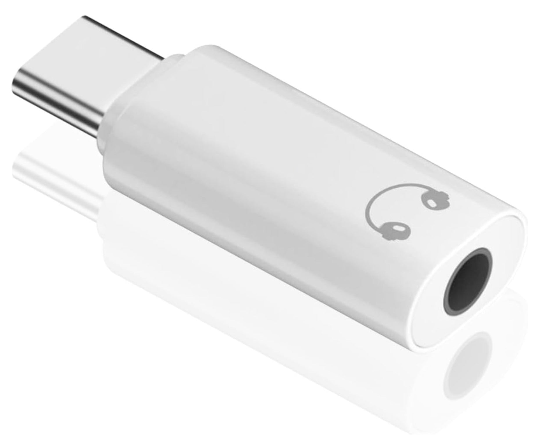 White audio adapter with headphone jack on a white background