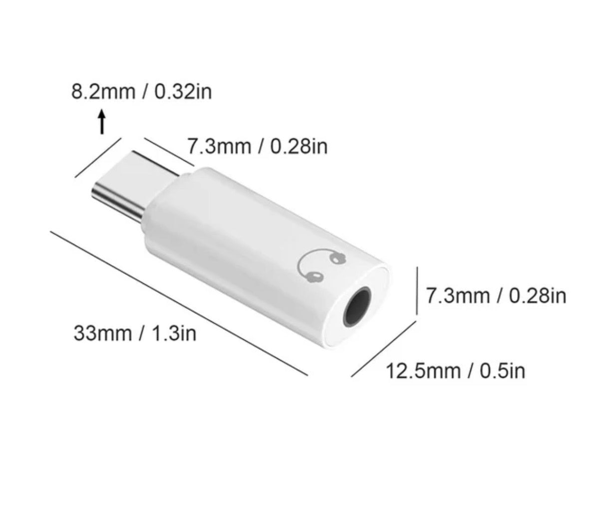 White USB-C to 3.5mm headphone adapter with dimensions labeled on a white background