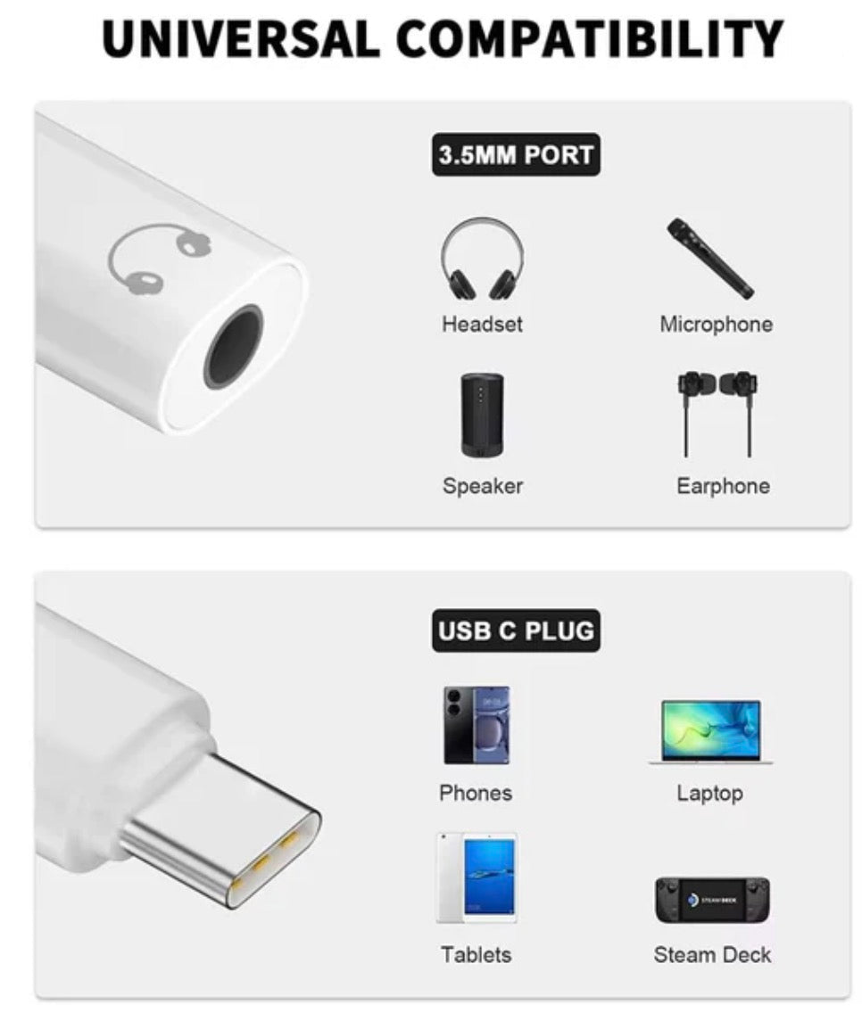 Audio adapter with 3.5mm port and USB-C plug compatibility for various devices.