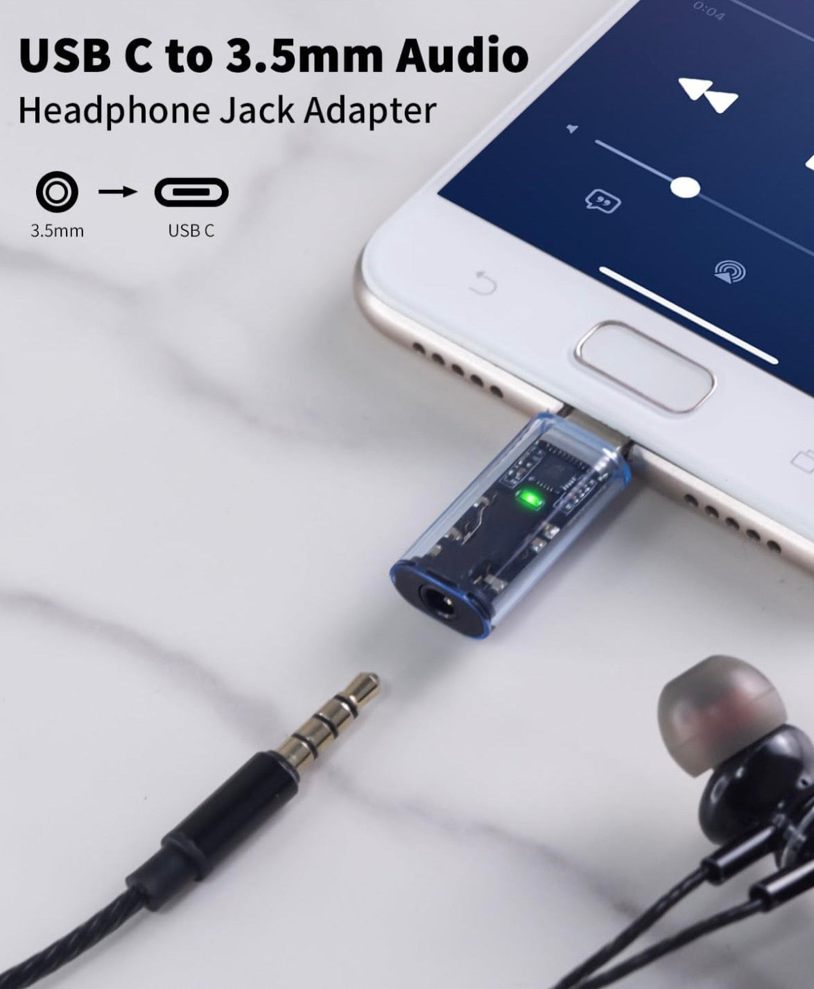 USB C to 3.5mm Audio Headphone Jack Adapter connecting to a smartphone and earphones on a light gray background.