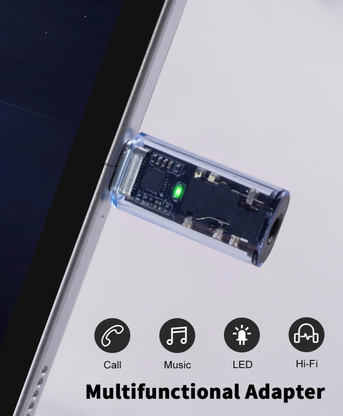 Multifunctional adapter attached to a smartphone with icons and text indicating its features.