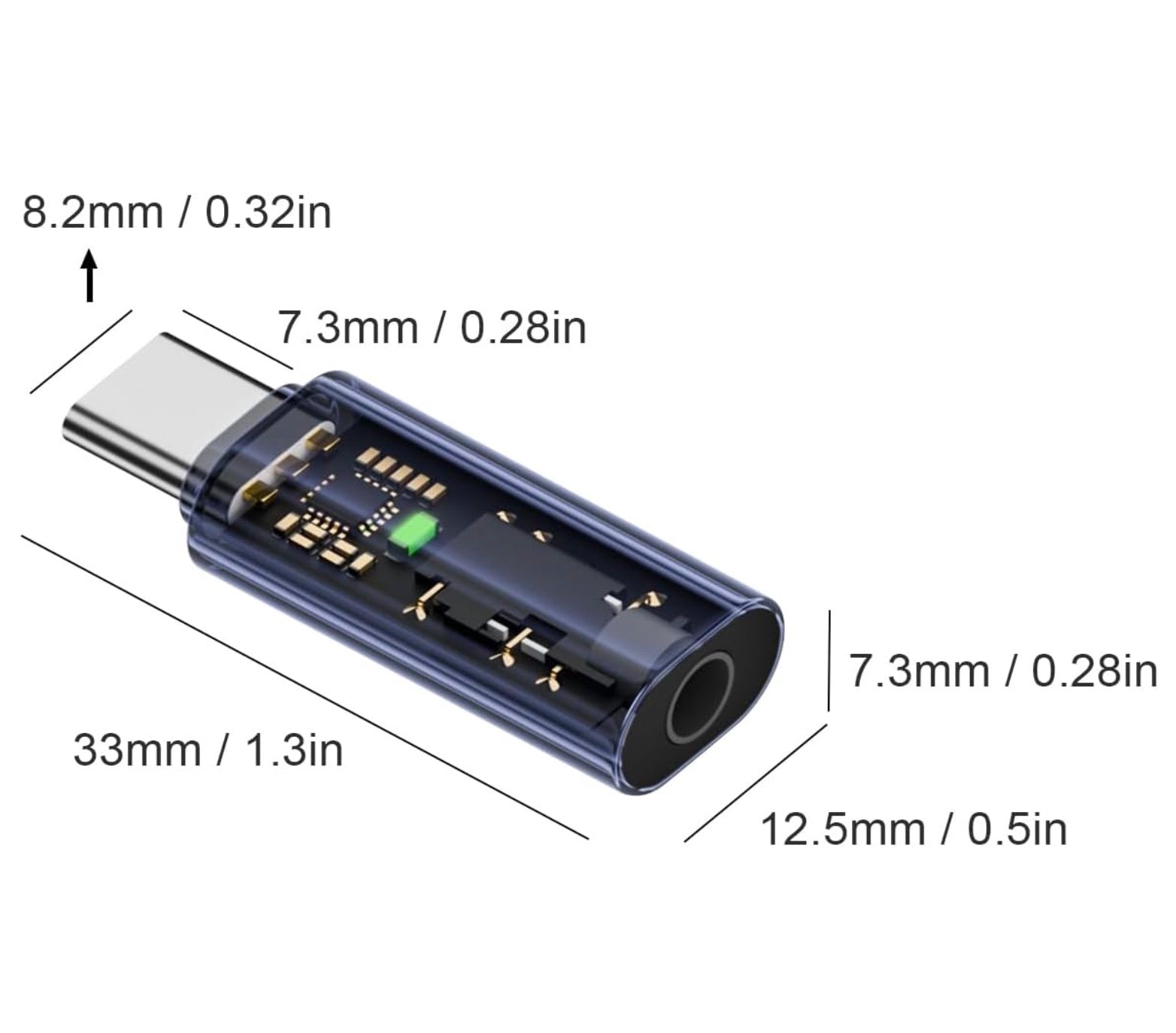 Measurement chart of a USB-C adapter with dimensions labeled