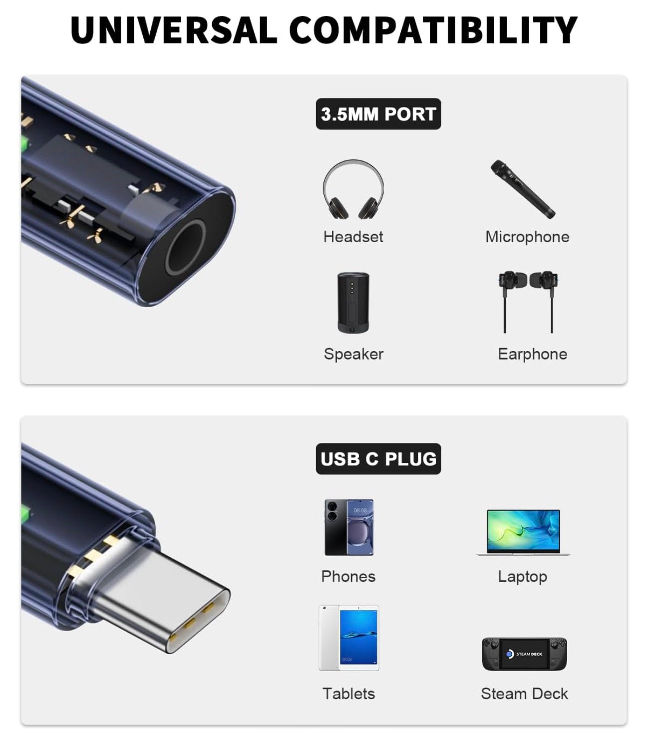 Product with 3.5mm port and USB C plug for various devices on a white background.