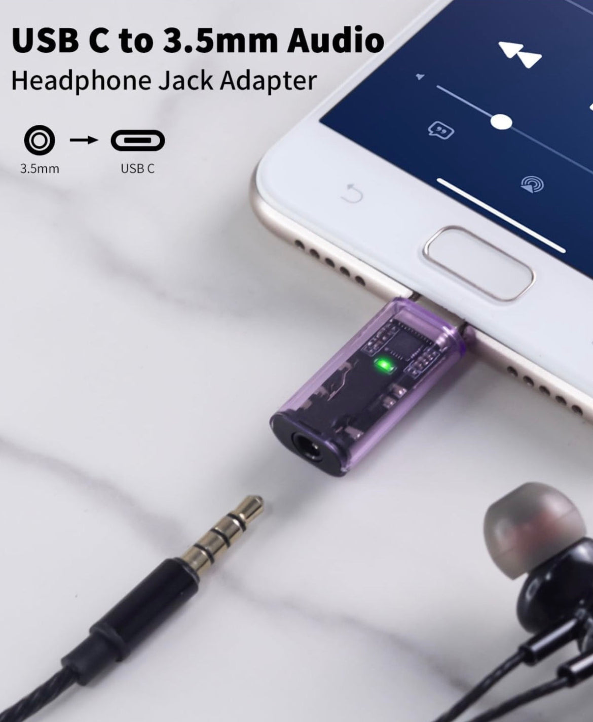 USB C to 3.5mm Audio Headphone Jack Adapter connecting a smartphone to earbuds on a light gray background.