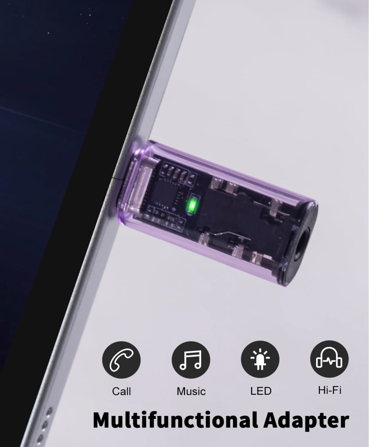 Multifunctional adapter attached to a smartphone with icons indicating its features.