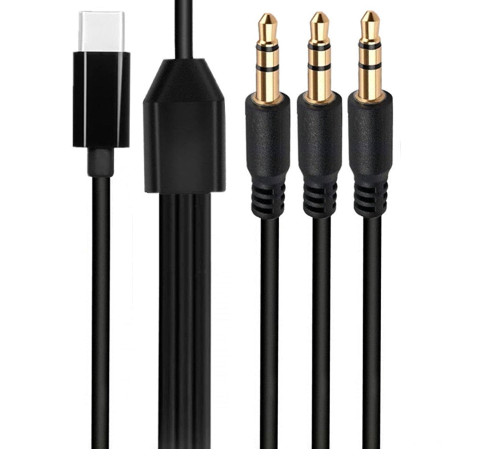 USB-C male to 3 x 3.5mm TRS 3-pole male audio splitter cable with inline splitter module for multi-output stereo distribution