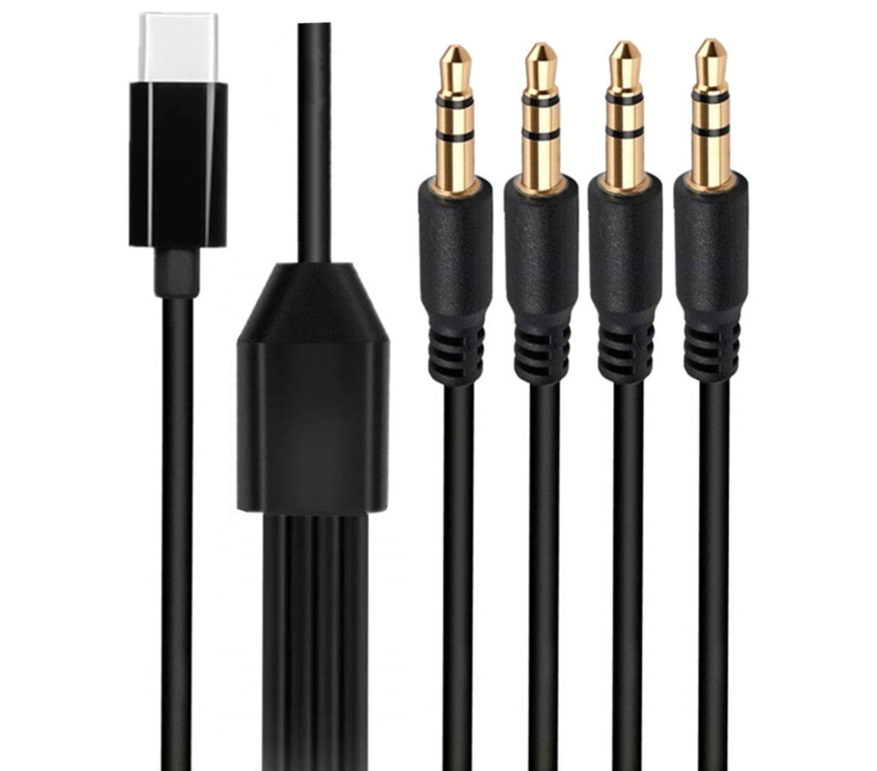 USB-C male to 4 x 3.5mm TRS 3-pole male audio splitter cable with inline splitter module for multi-output stereo distribution