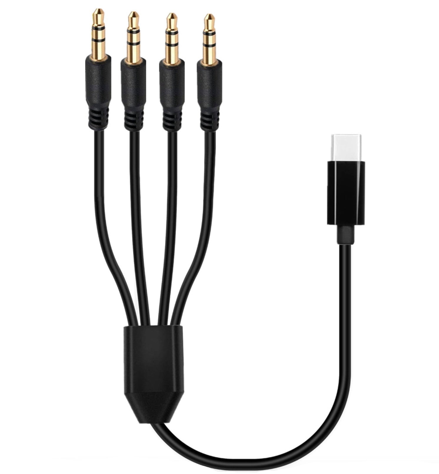 Black audio cable with multiple connectors on a white background