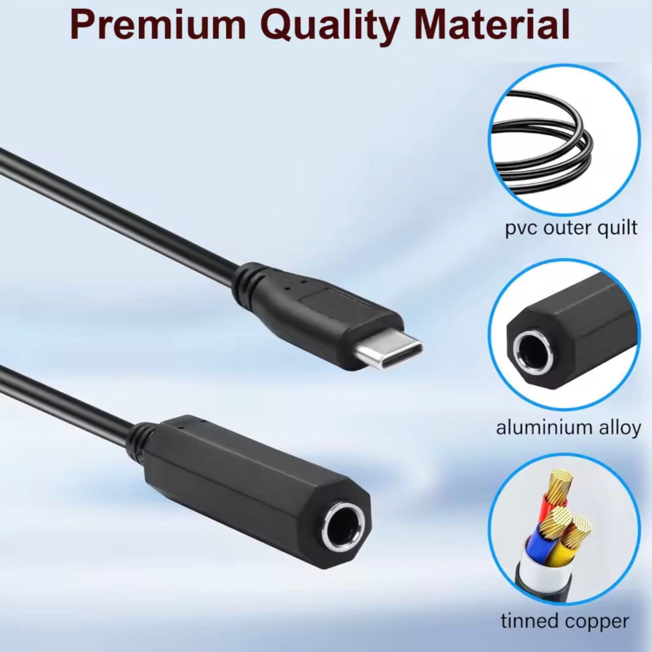 Black audio cable with connectors and quality materials highlighted on a light blue background.