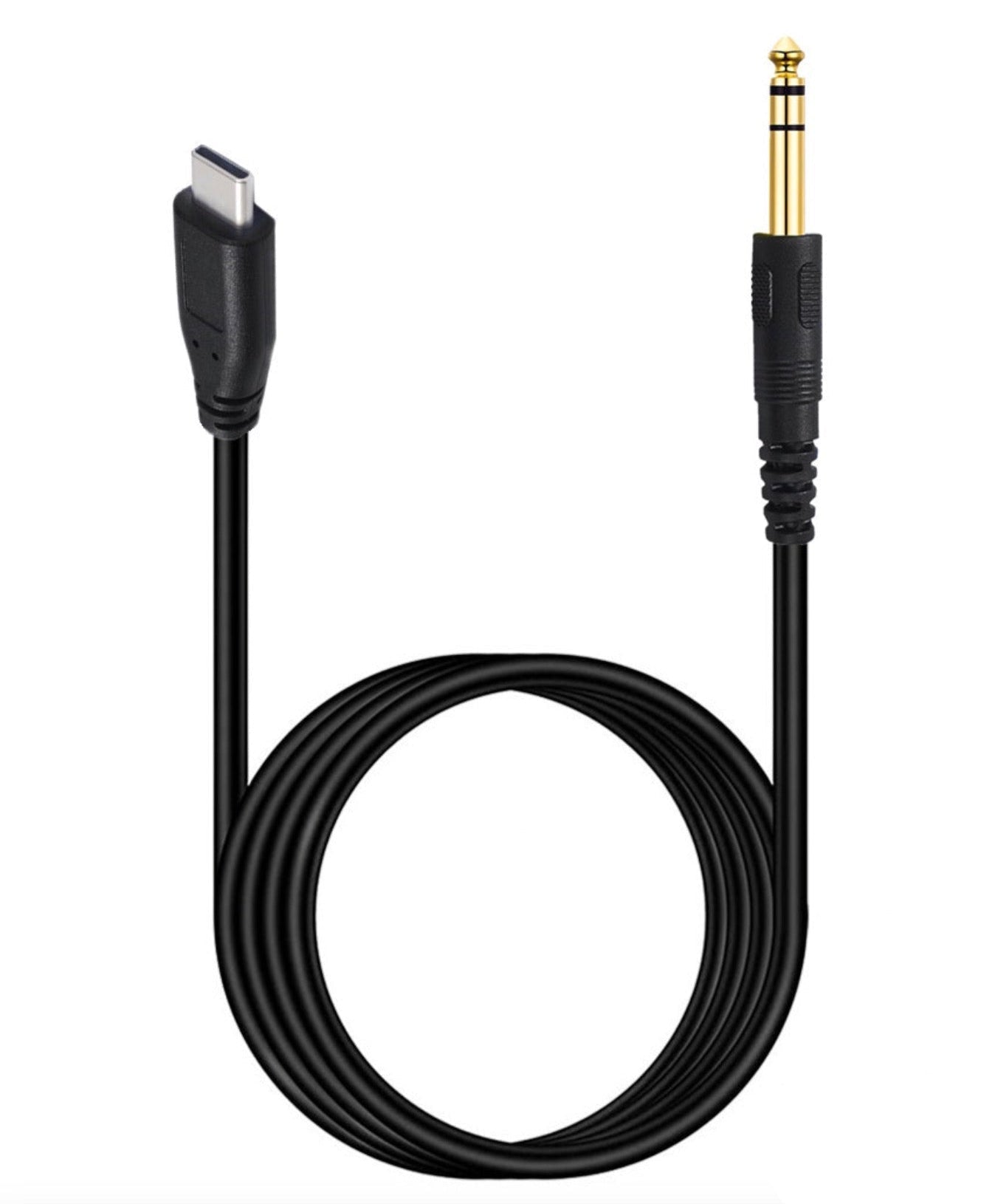 USB-C to 6.35mm TRS 1/4 inch stereo auxiliary audio cable with straight gold jack plug, black lead