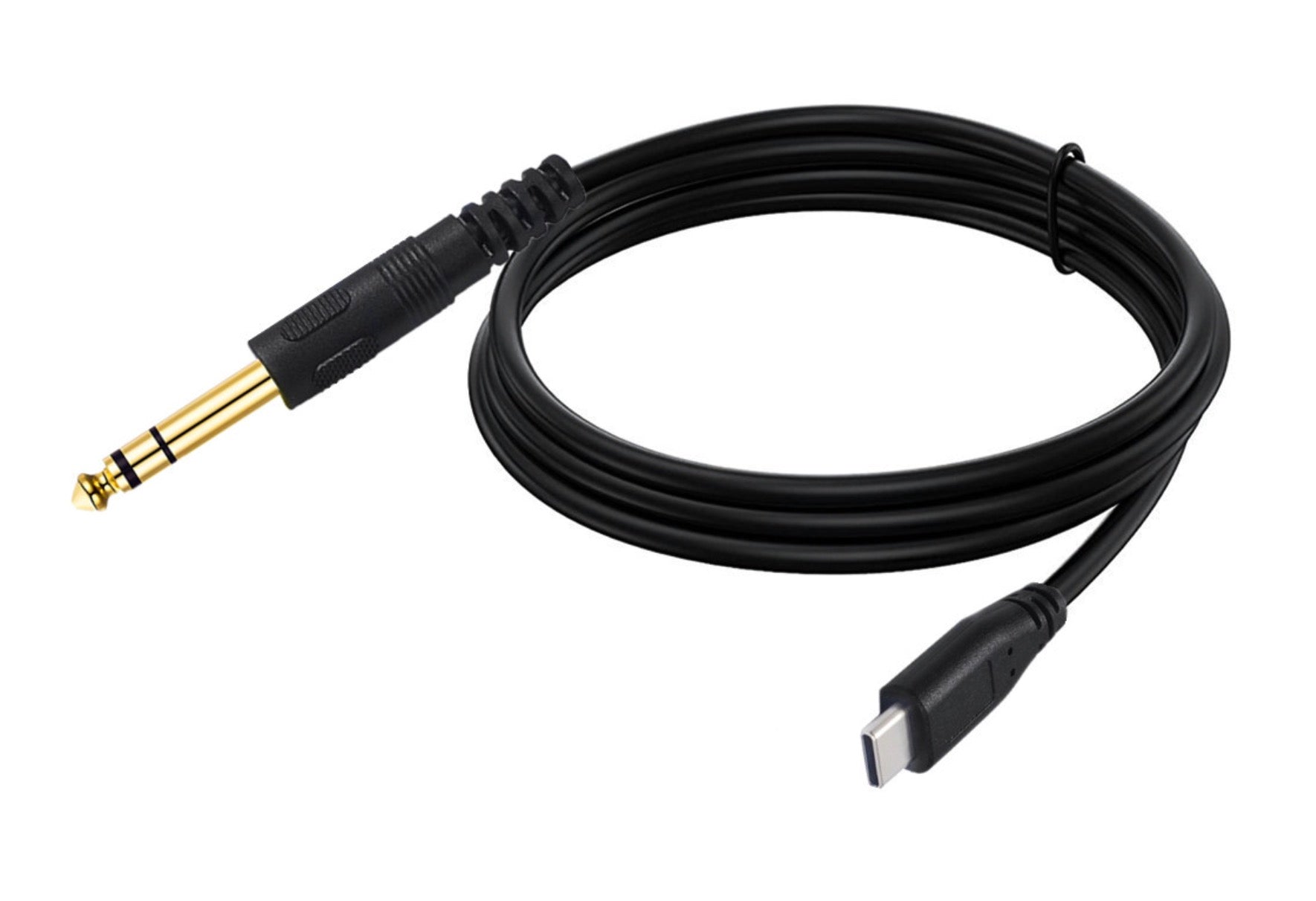 USB-C to 6.35mm TRS 1/4 inch stereo auxiliary audio cable with straight gold jack plug, black lead