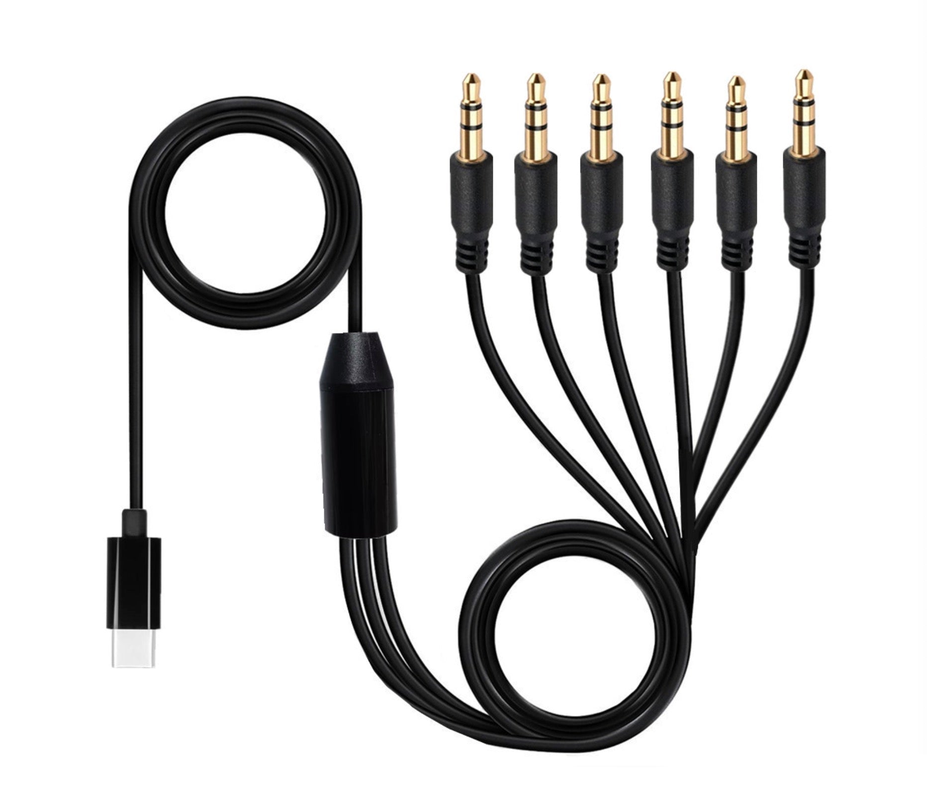 Black audio cable with multiple connectors on a white background