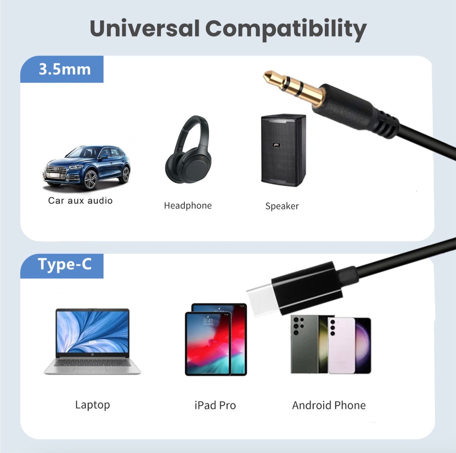 Diagram showing compatibility of 3.5mm and Type-C cables with various devices.