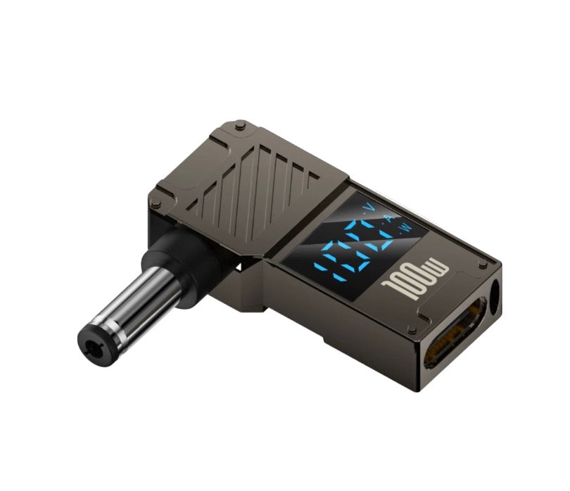 USB-C PD to DC 5.5x2.1mm 100W fast charging adapter with 90 degree angled aluminium alloy body and power display