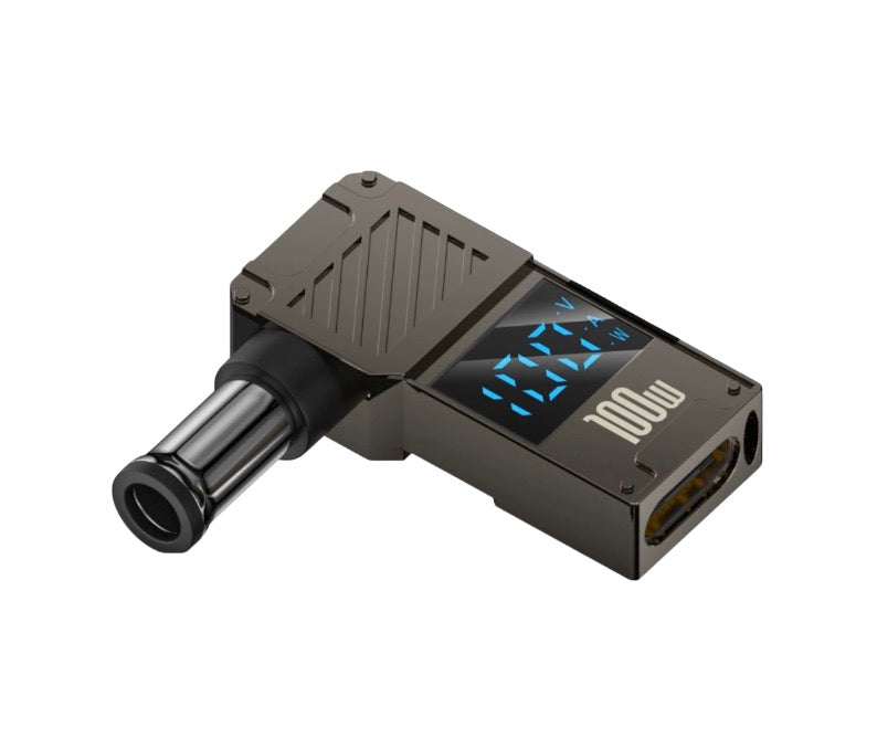 USB-C PD to DC 6.0x4.4mm 100W fast charging adapter with 90 degree angled aluminium body and digital display