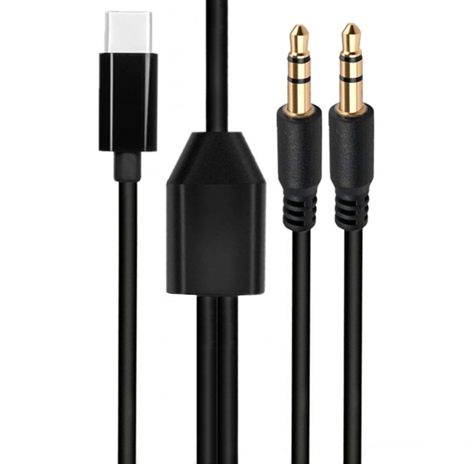 USB-C male to dual 3.5mm TRS 3-pole male audio splitter cable with inline splitter module for splitting stereo audio to two outputs