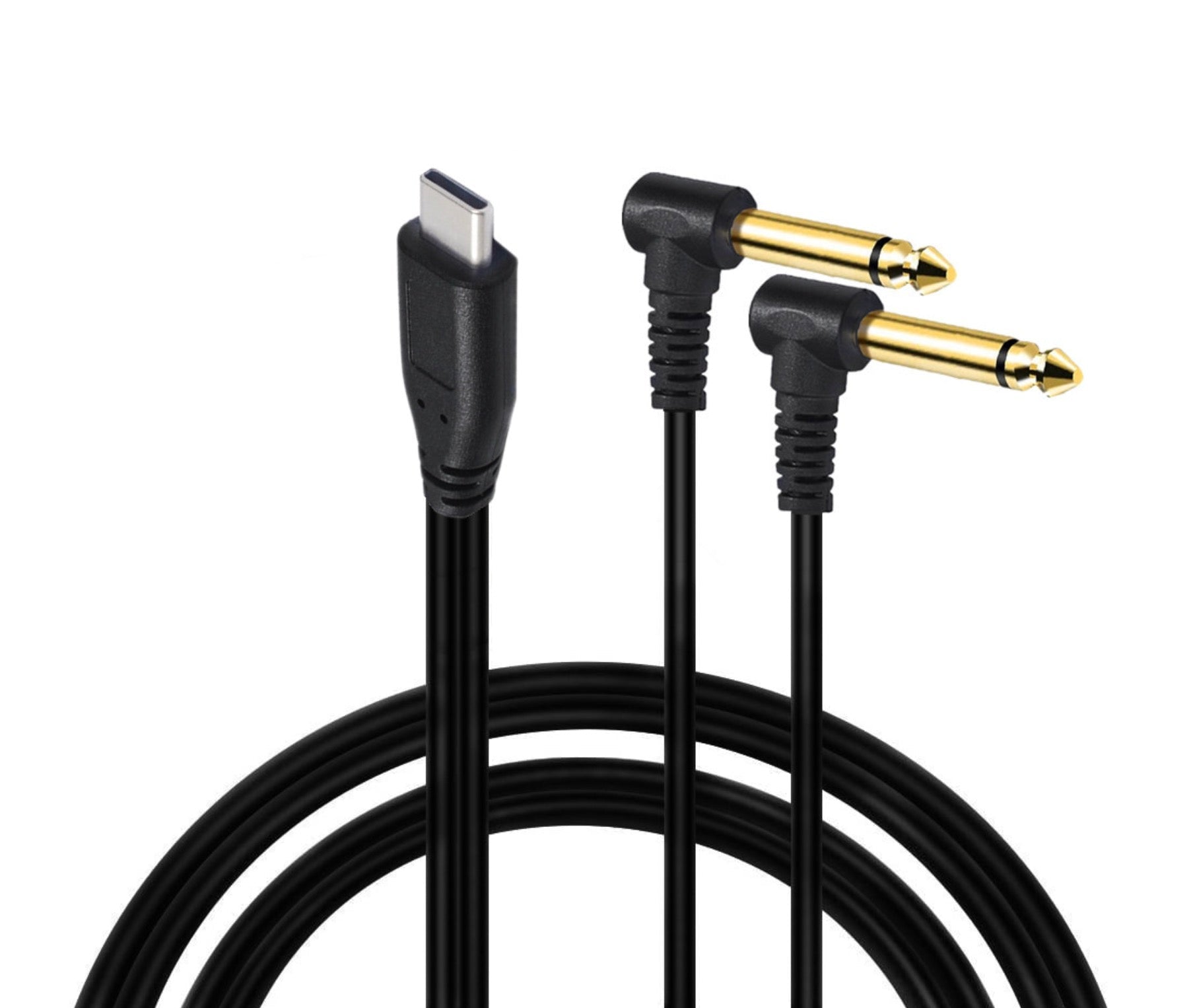 USB C to dual 6.35mm 1/4 inch TS male mono audio Y splitter cable with right angle plugs